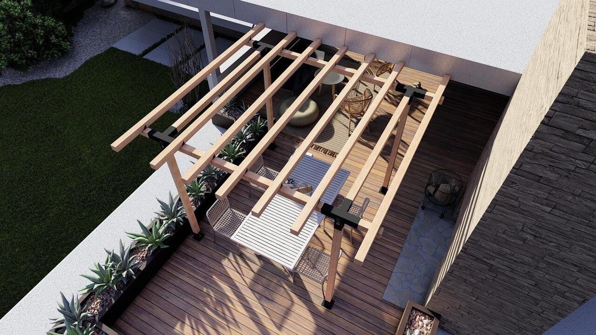 Black powder coated metal pergola connector for wooden beams
