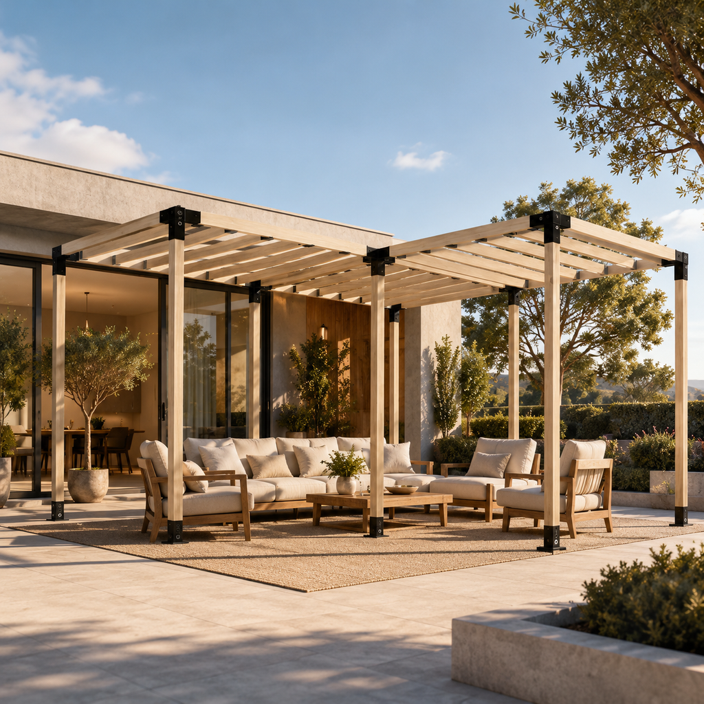 LuxShade Corner L – Тройна Г-образна модулна пергола 5,6×5,6 м
