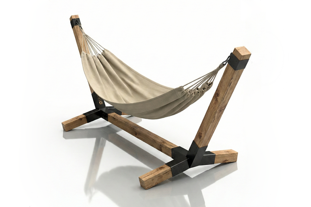 Beige hammock on a wooden stand with black straps against a white background