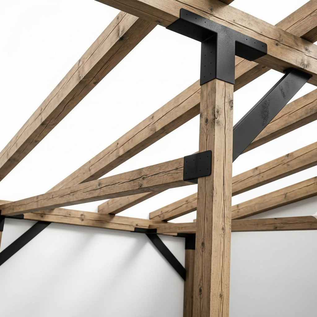 Wooden roof trusses with metal connectors on a white background