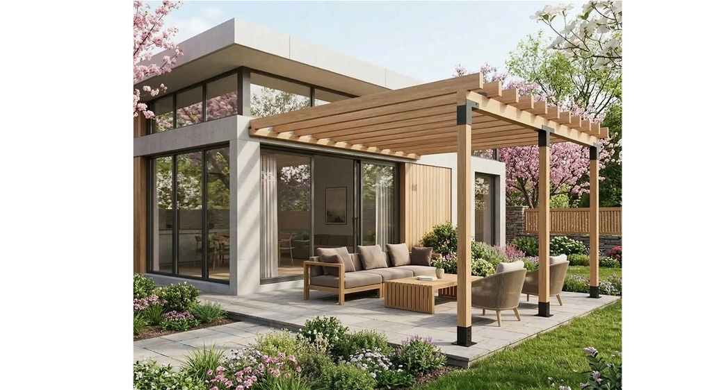 Двойна LuxShade WallGrid – Пергола със стенен монтаж 6×3 м