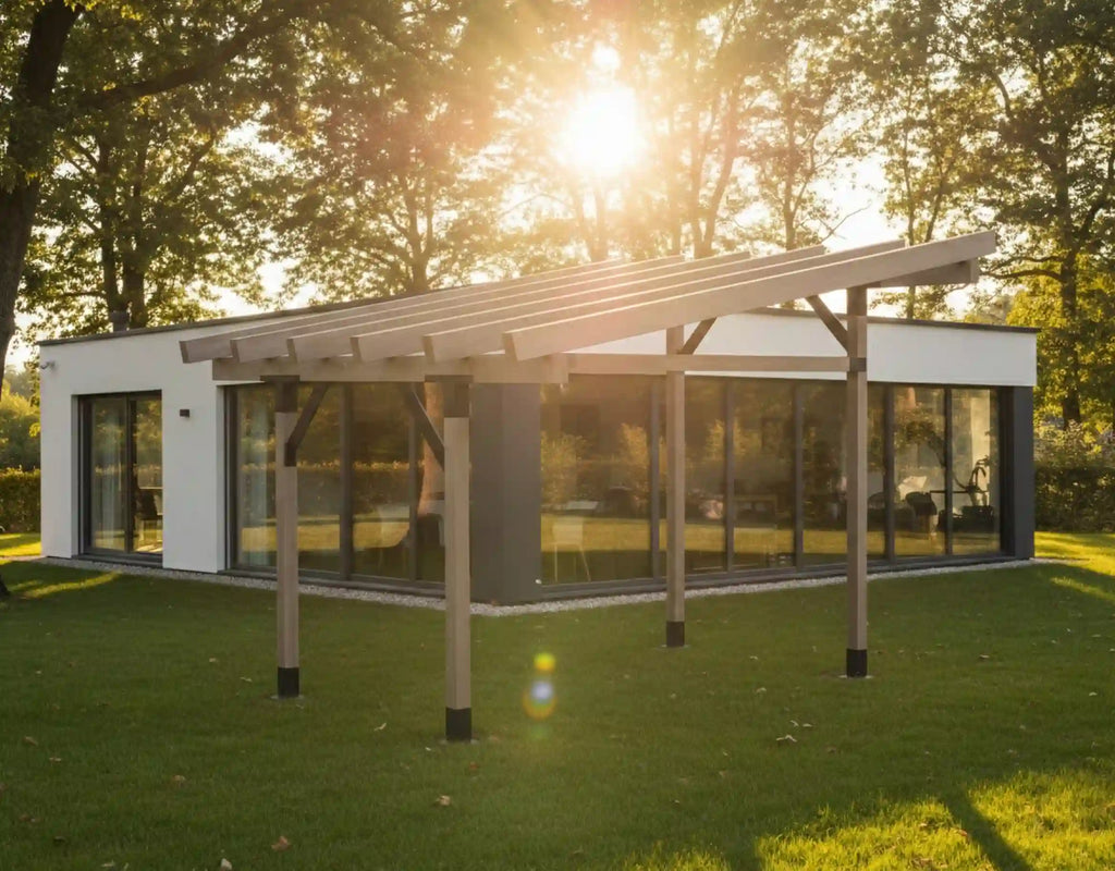 Modern outdoor pavilion with solar panels on a grassy area with trees in the background