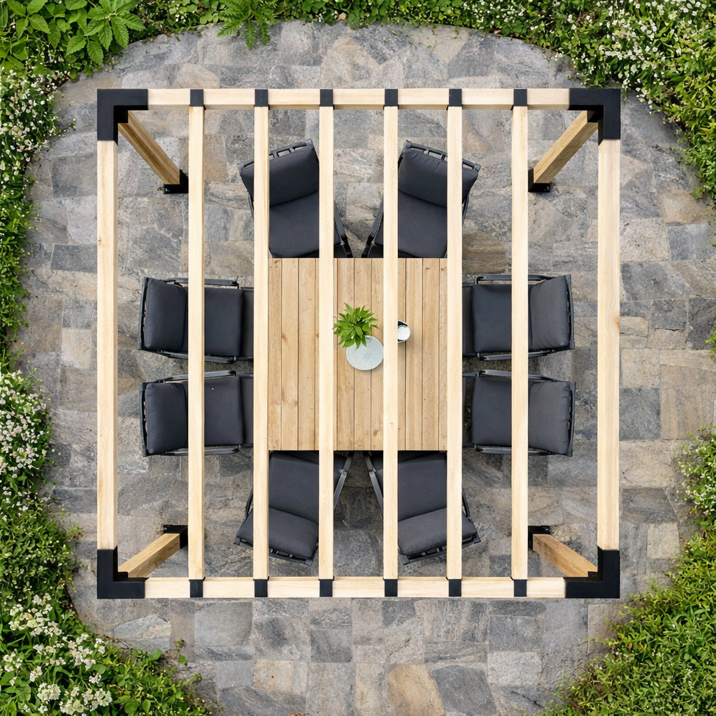 Outdoor patio setup with wooden table and chairs on a stone patio