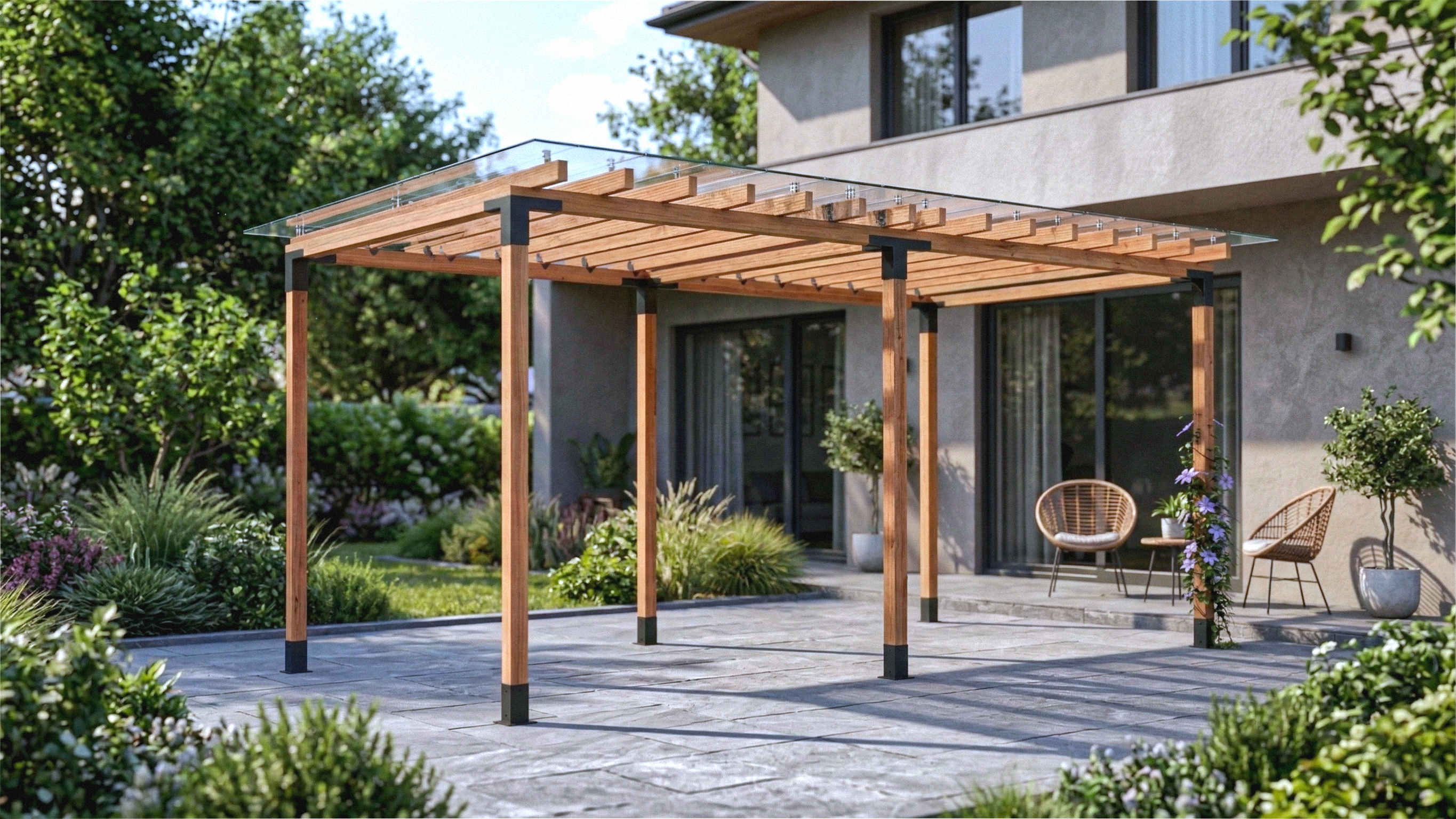 Wooden pergola on a patio with a house and garden in the background