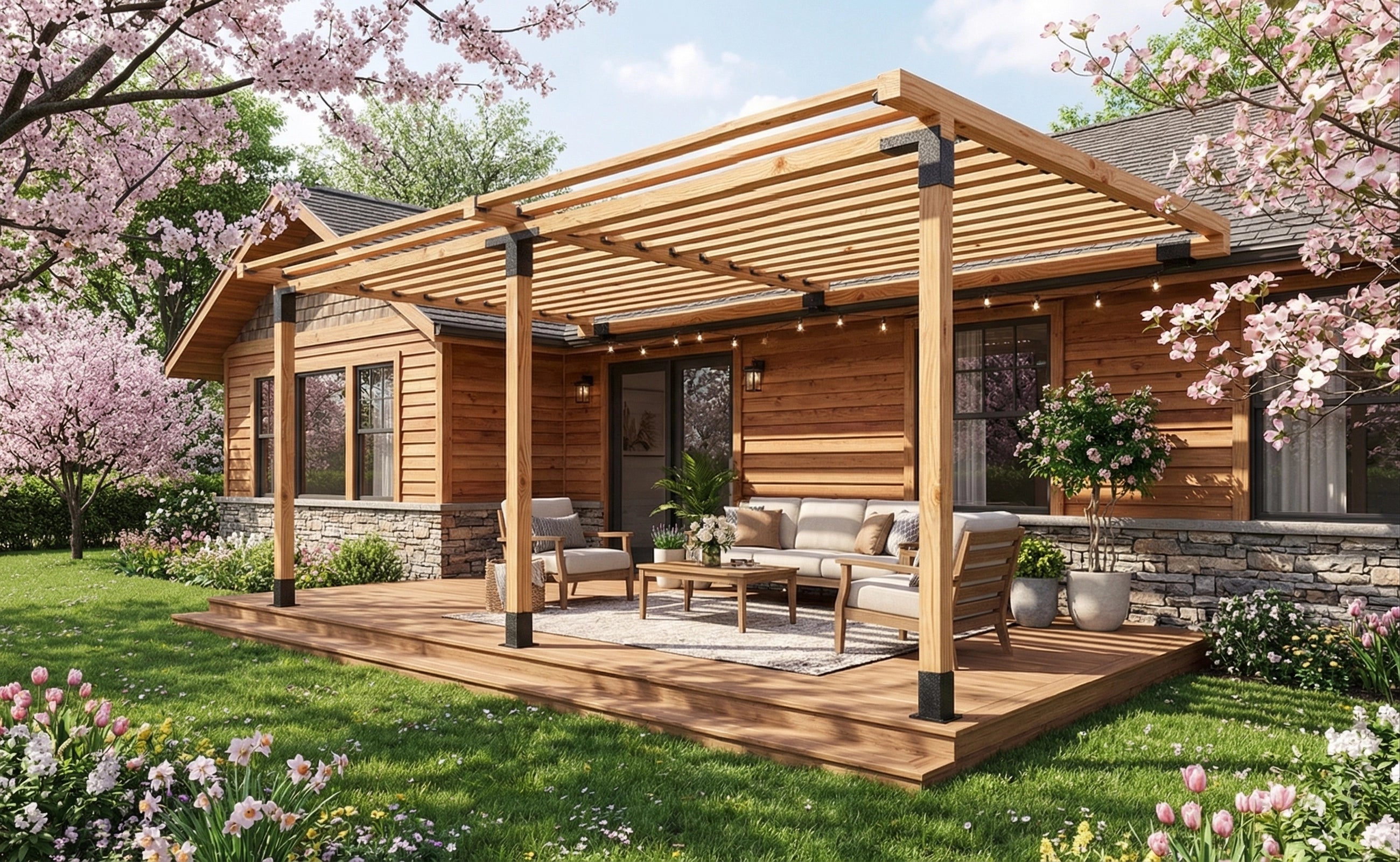 Wooden pergola attached to a house with outdoor furniture and cherry blossom trees.