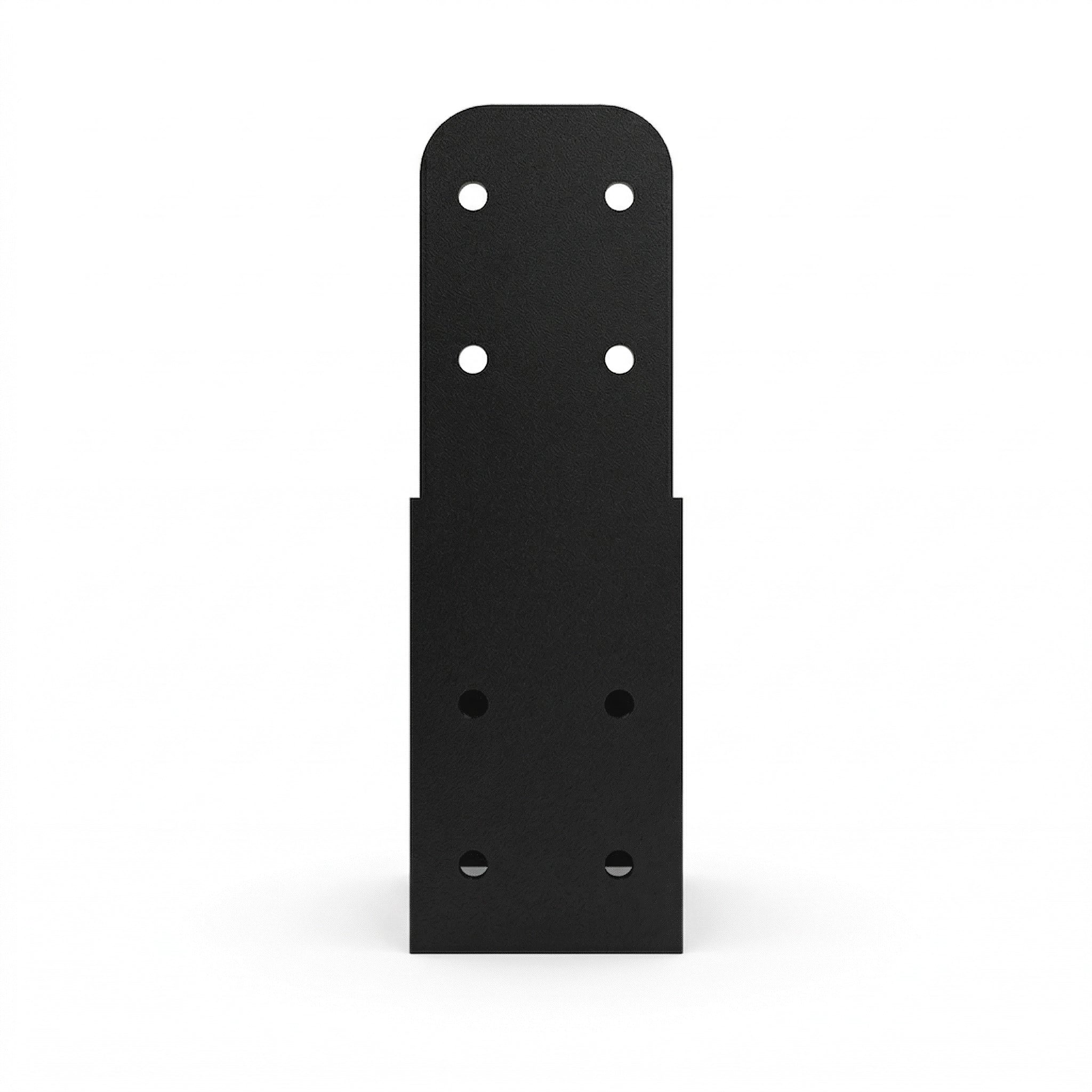 Black metal bracket with multiple holes on a white background