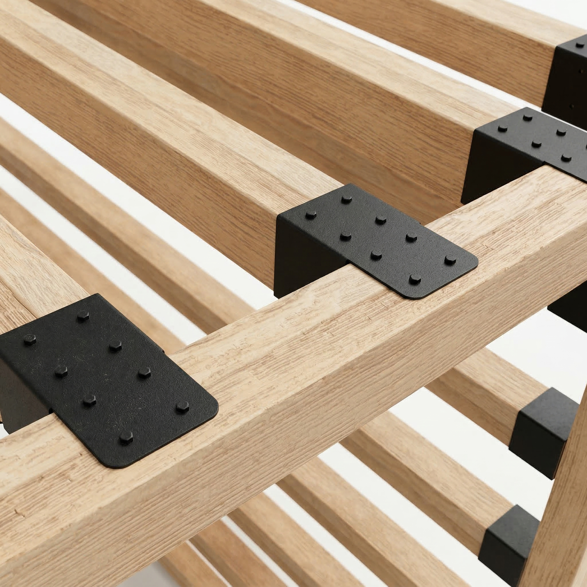 Wooden slats with black plastic clips on a white background