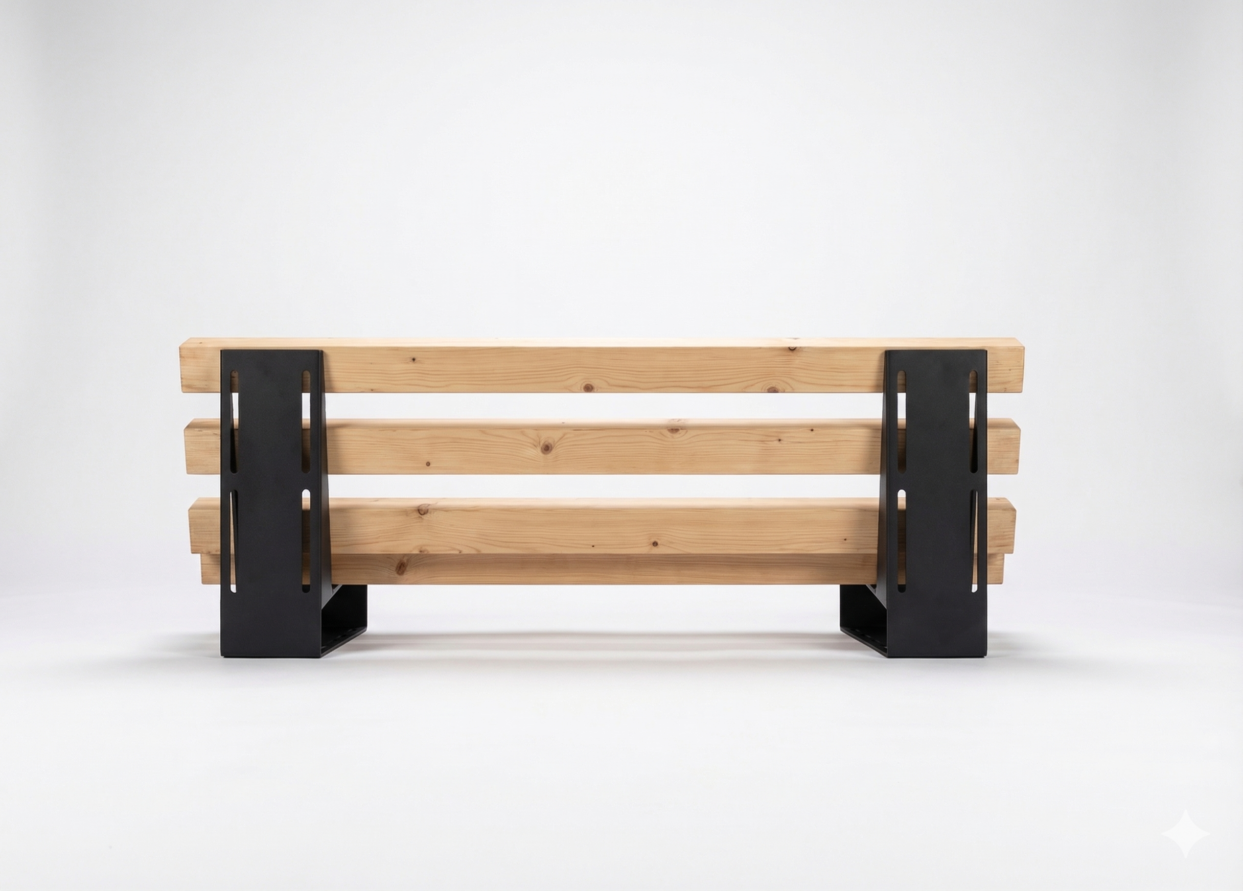 Wooden bench with black metal brackets on a white background