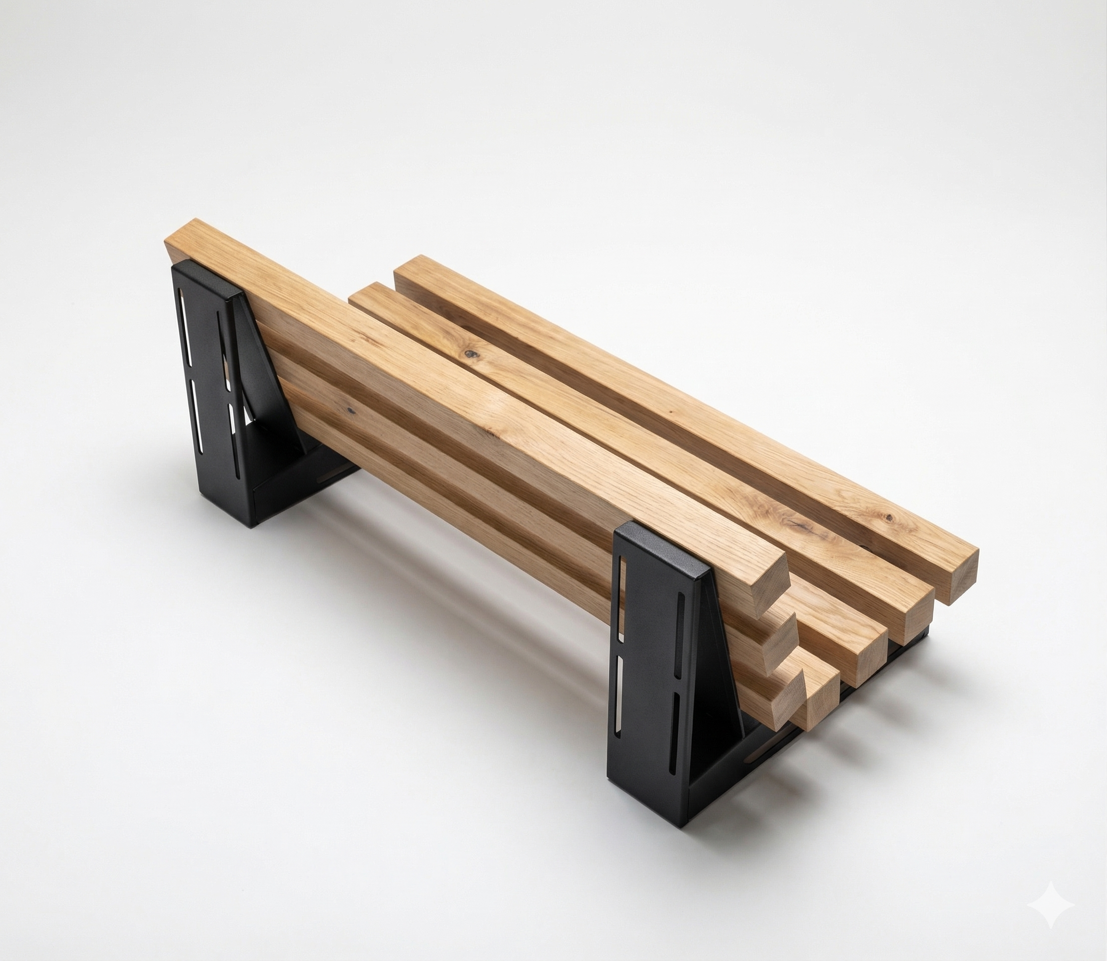 Wooden bench with black metal legs on a white background