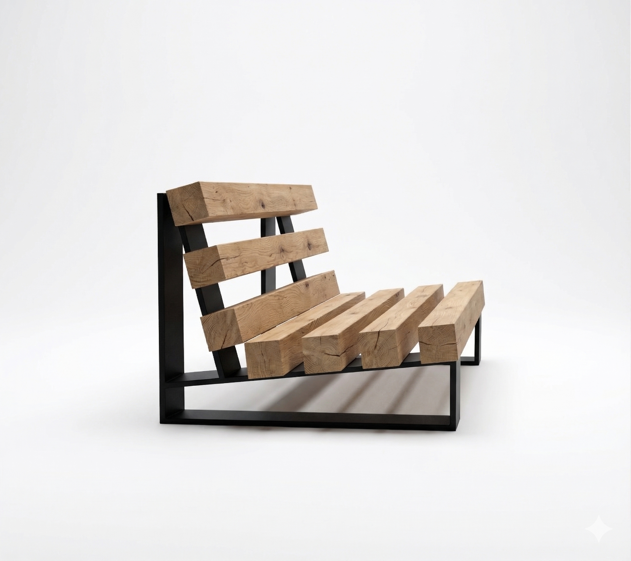 Modern chair with wooden slats and black metal frame on a white background