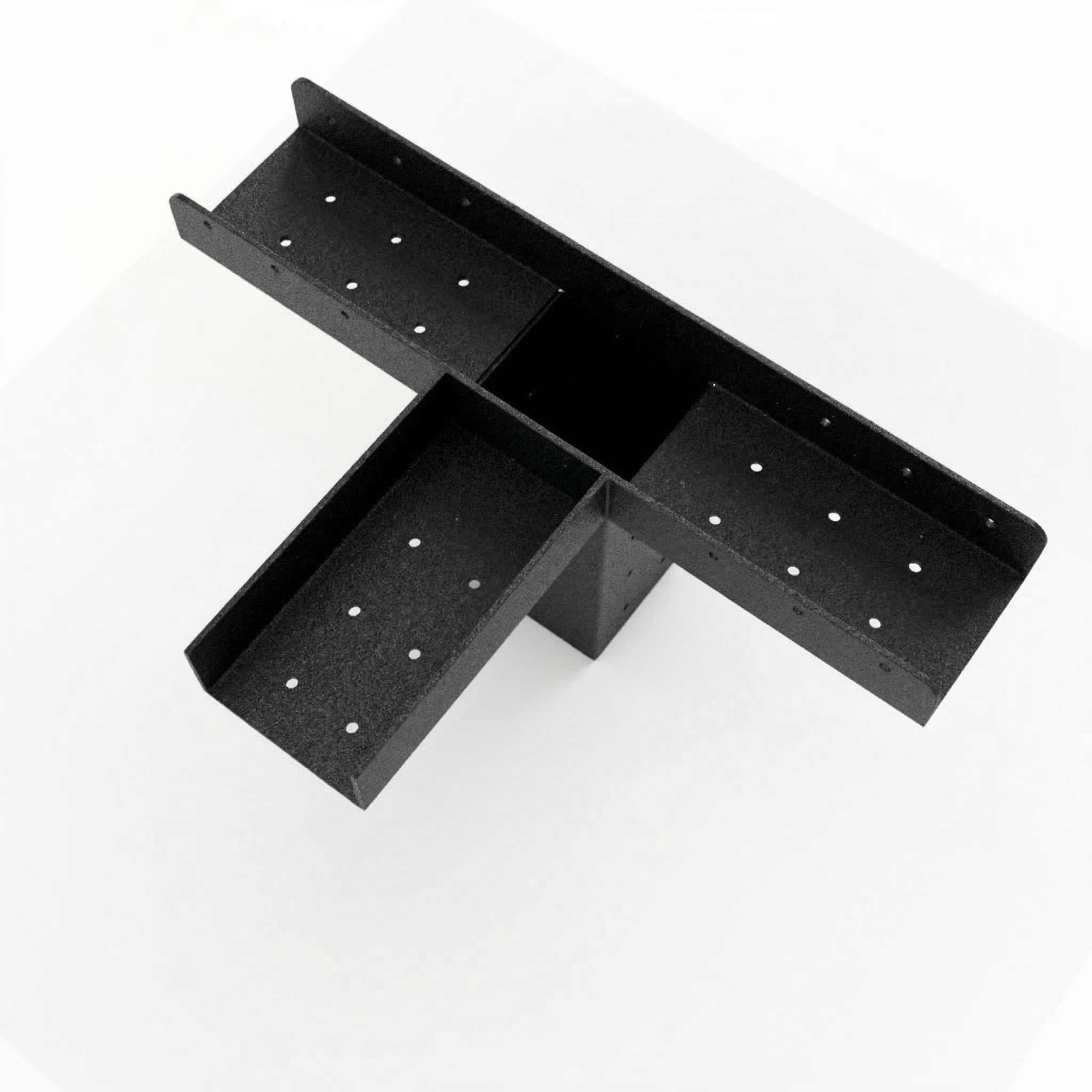 Black metal bracket with multiple holes on a white background