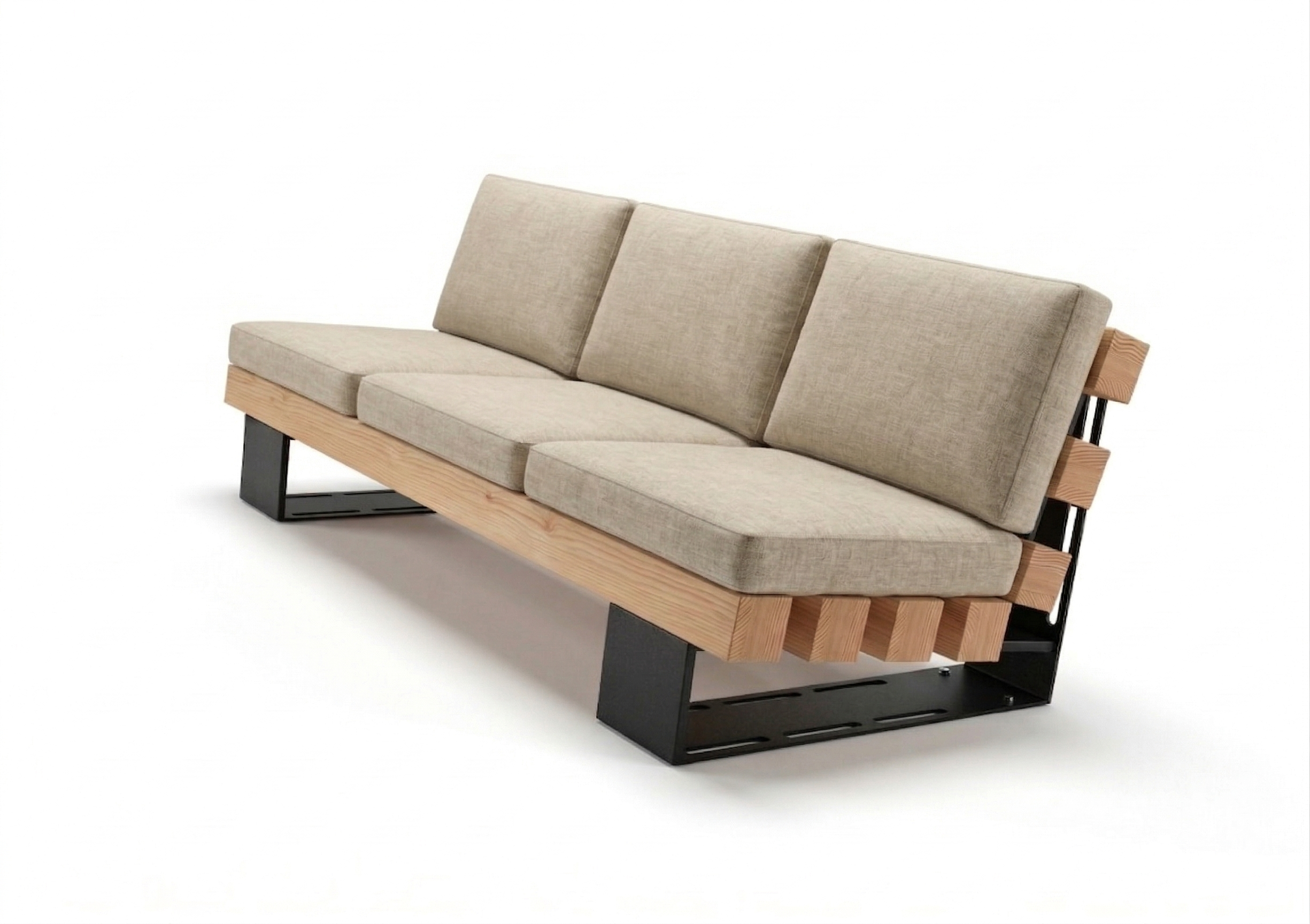 Modern sofa with wooden frame and beige cushions on a white background