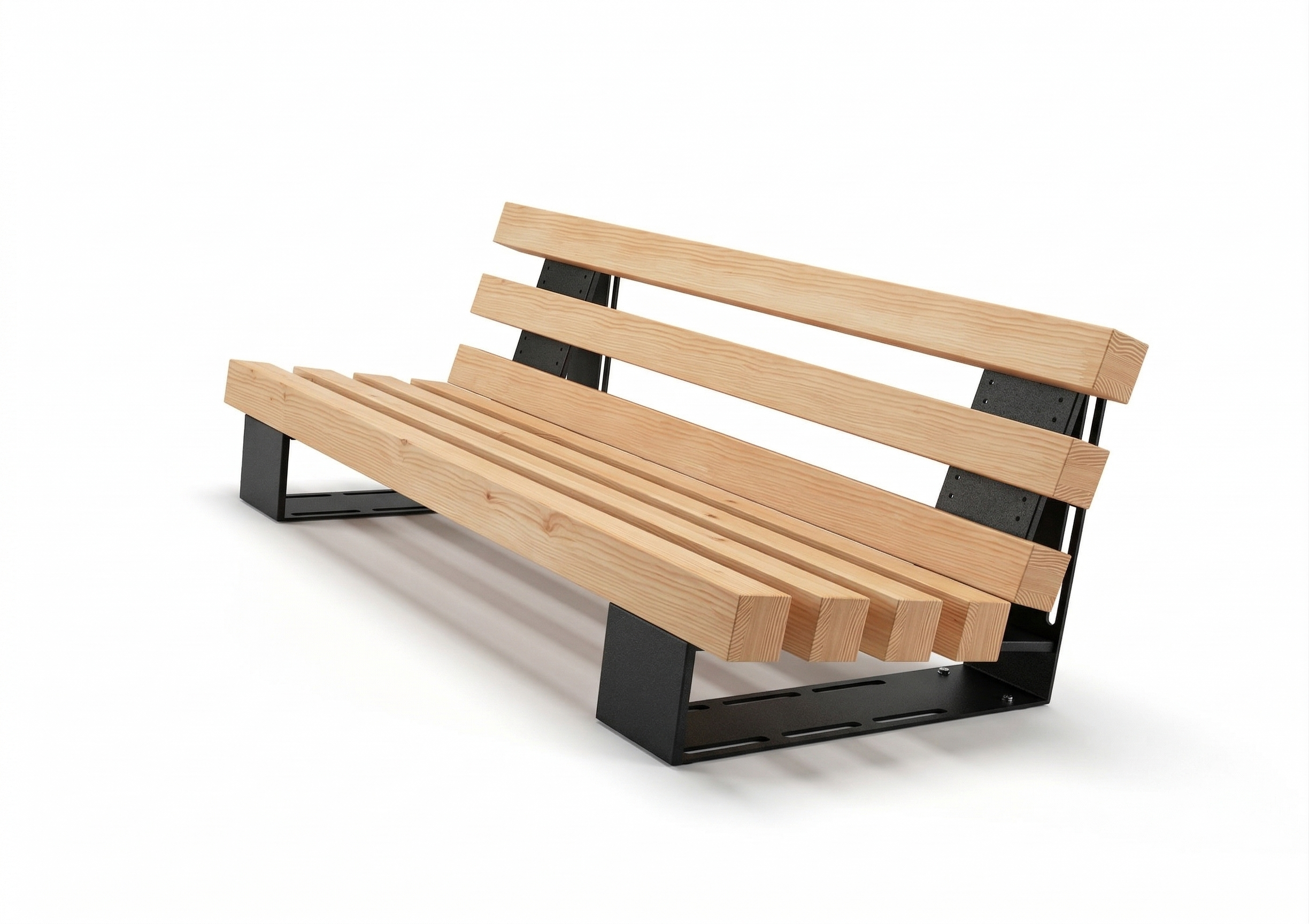 Wooden bench with black metal frame on a white background