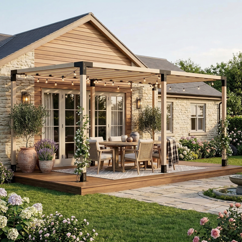 Wooden pergola with outdoor furniture on a patio area in front of a house.