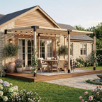 Wooden pergola with outdoor furniture on a patio area in front of a house.