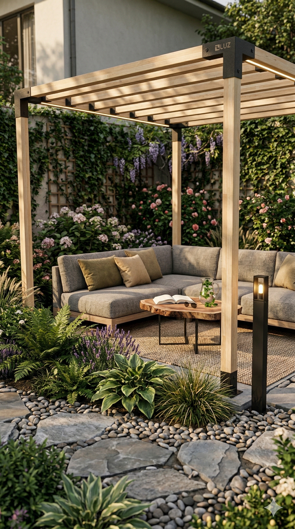 Outdoor patio with wooden pergola, gray sofa, and garden setting