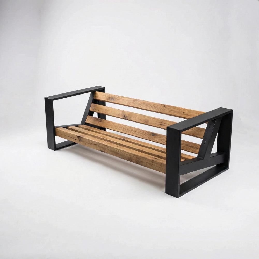 Wooden bench with black metal frame on a white background