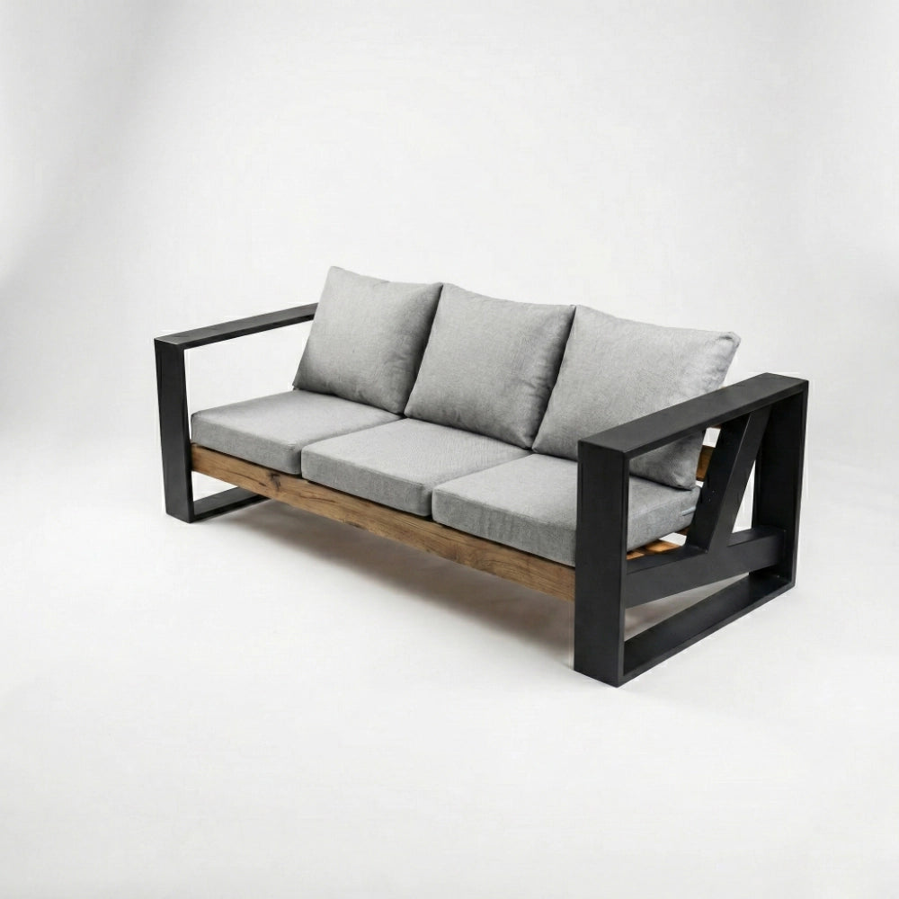 Modern outdoor sofa with black frame and gray cushions on a white background