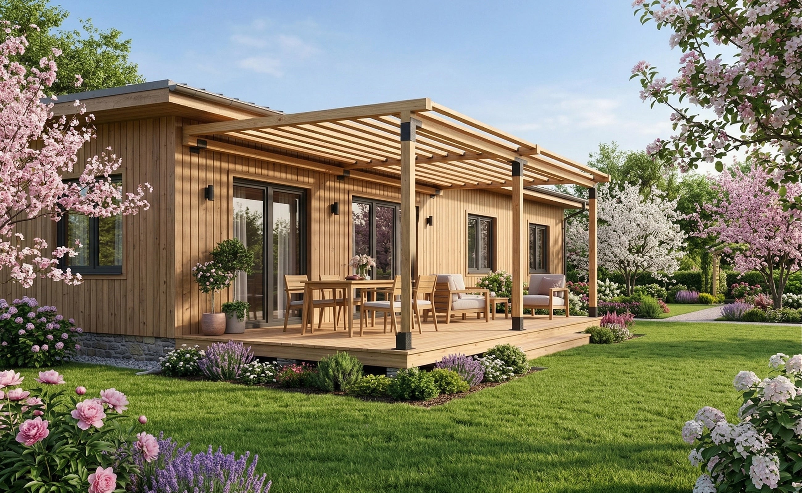 Wooden cabin with a deck and outdoor furniture, surrounded by flowers and greenery.
