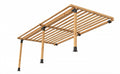 Wooden bed frame with slats on a white background