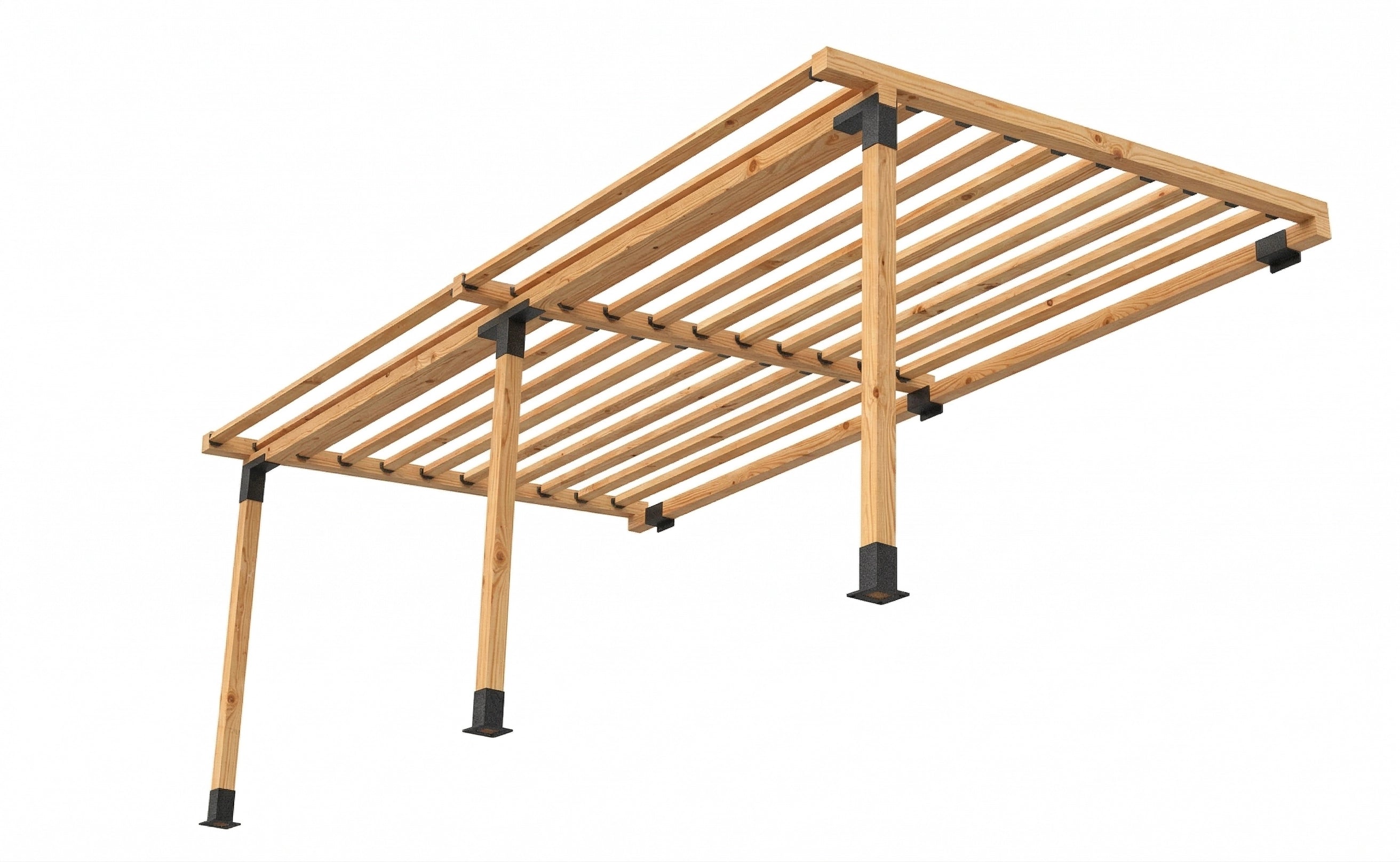 Wooden bed frame with slats on a white background