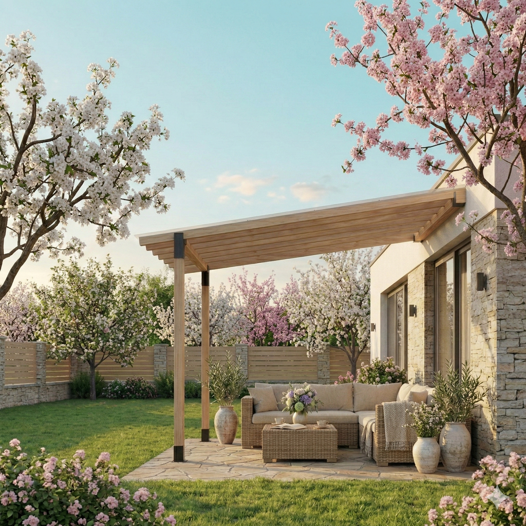 Outdoor patio with wooden pergola, sofa, and decorative elements in a garden setting.