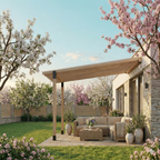 Outdoor patio with wooden pergola, sofa, and decorative elements in a garden setting.