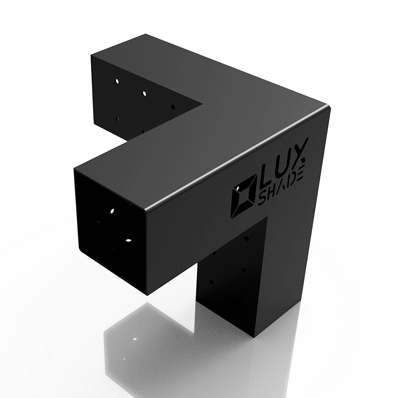 Black metal bracket with 'Lux Shade' branding on a white background