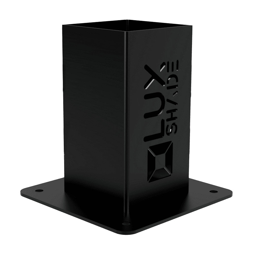 Black metal post with 'Luxshade' branding on a white background
