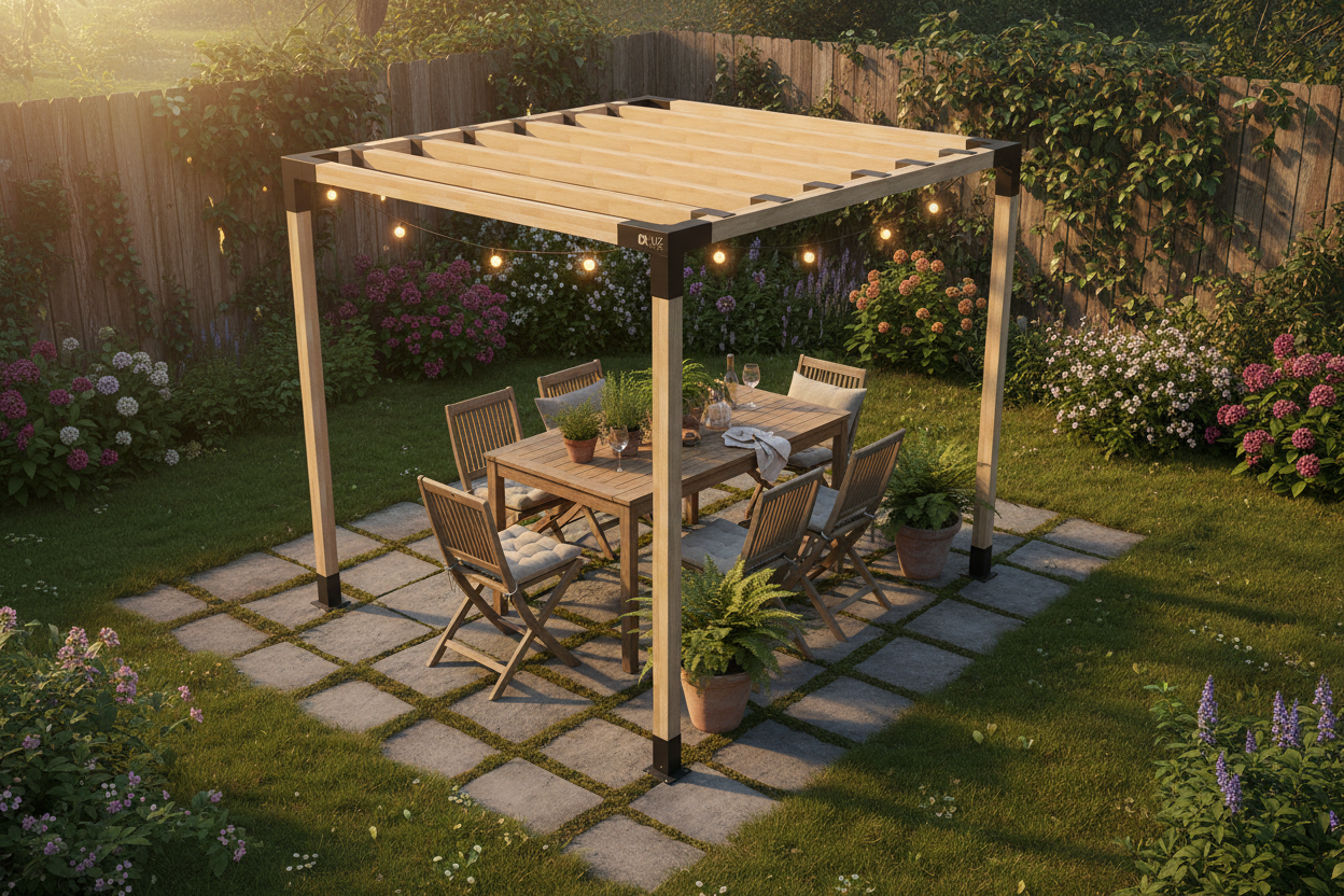 Patio with wooden pergola, outdoor table, and chairs surrounded by flowers and plants.