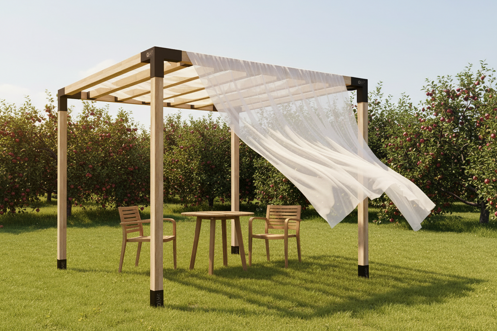 Wooden pergola with a white canopy in a garden setting