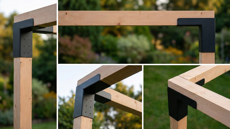 Collage of wooden frame with black corner brackets against a blurred natural background