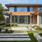 Modern house with a wooden pergola and landscaped garden