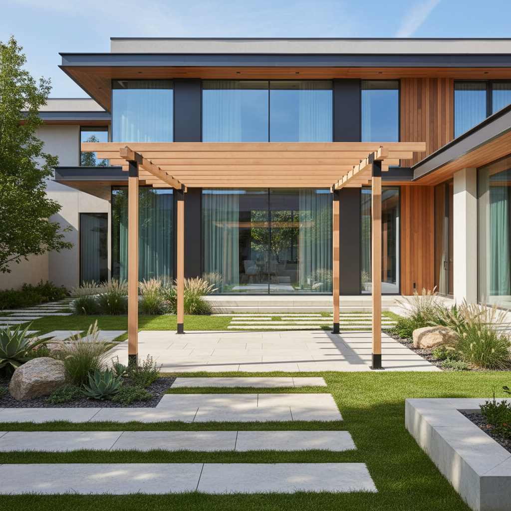 Modern house with a wooden pergola and landscaped garden