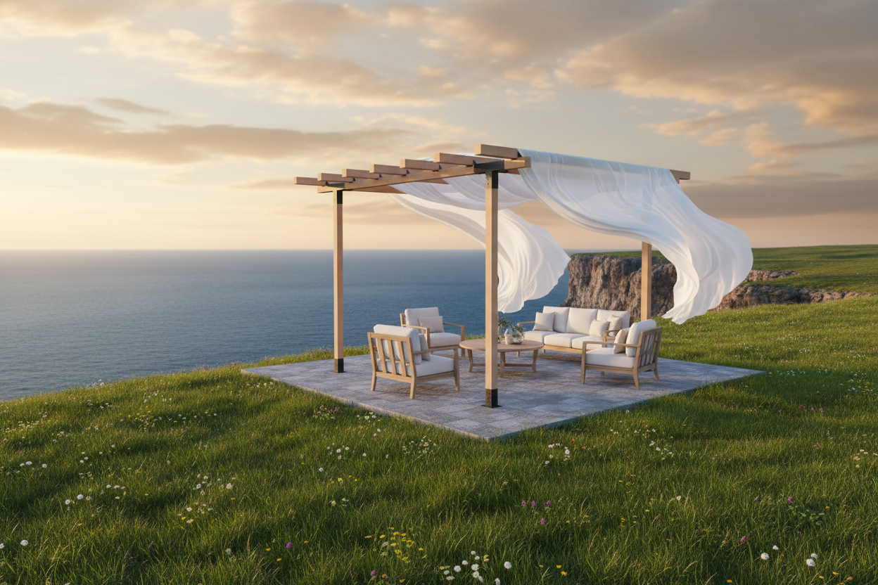 Outdoor seating area with a pergola and table on a grassy cliff overlooking the ocean.