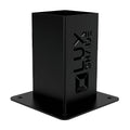 Black metal post with 'Luxshade' branding on a white background