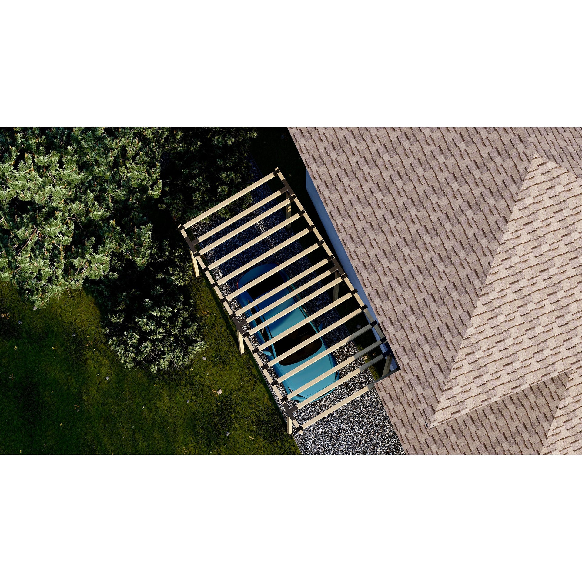 Aerial view of a wooden staircase leading to a roof with a blue pool below.