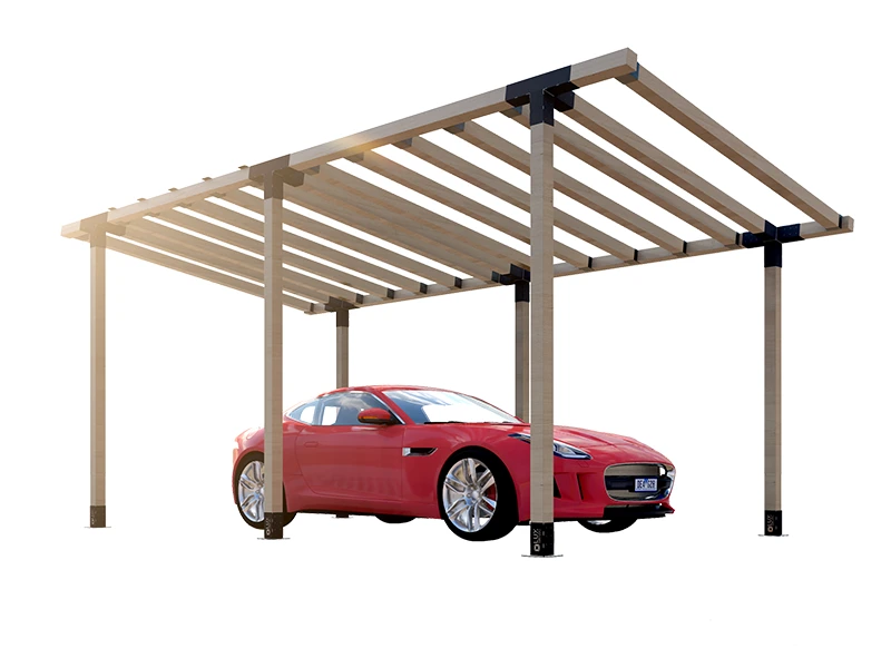 Wooden carport with a red car inside on a white background