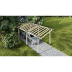 Wooden carport structure on a grassy area with trees in the background