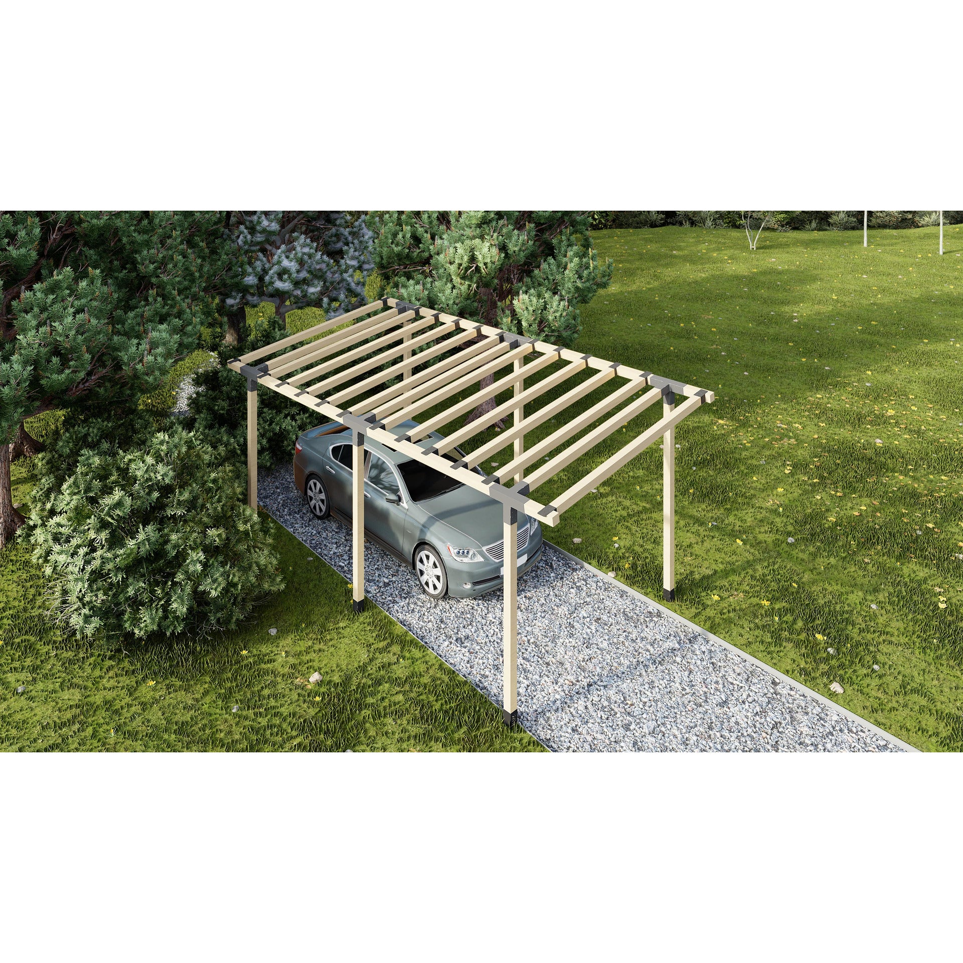 Wooden carport structure on a grassy area with trees in the background