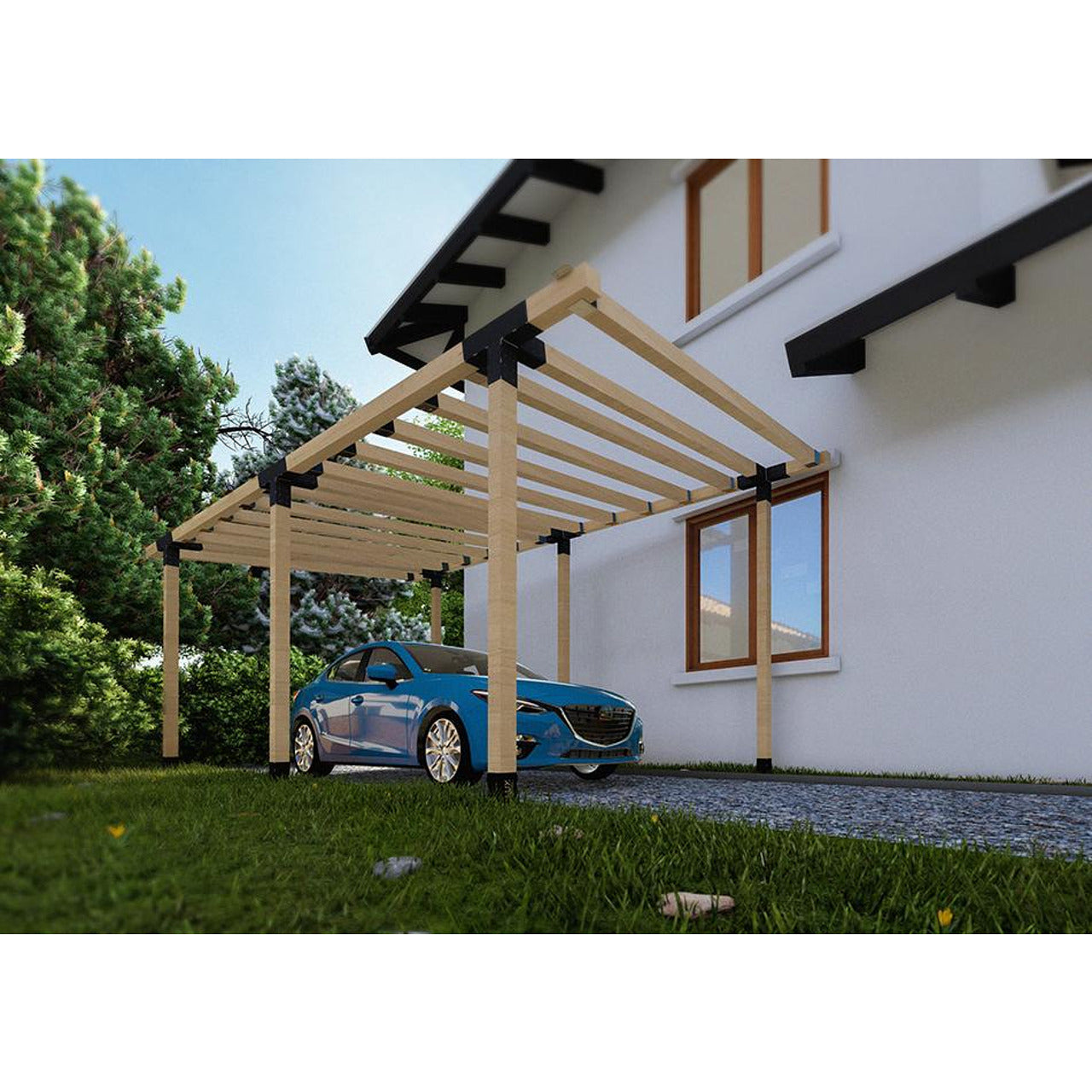 Wooden carport with a blue car parked underneath in front of a house.