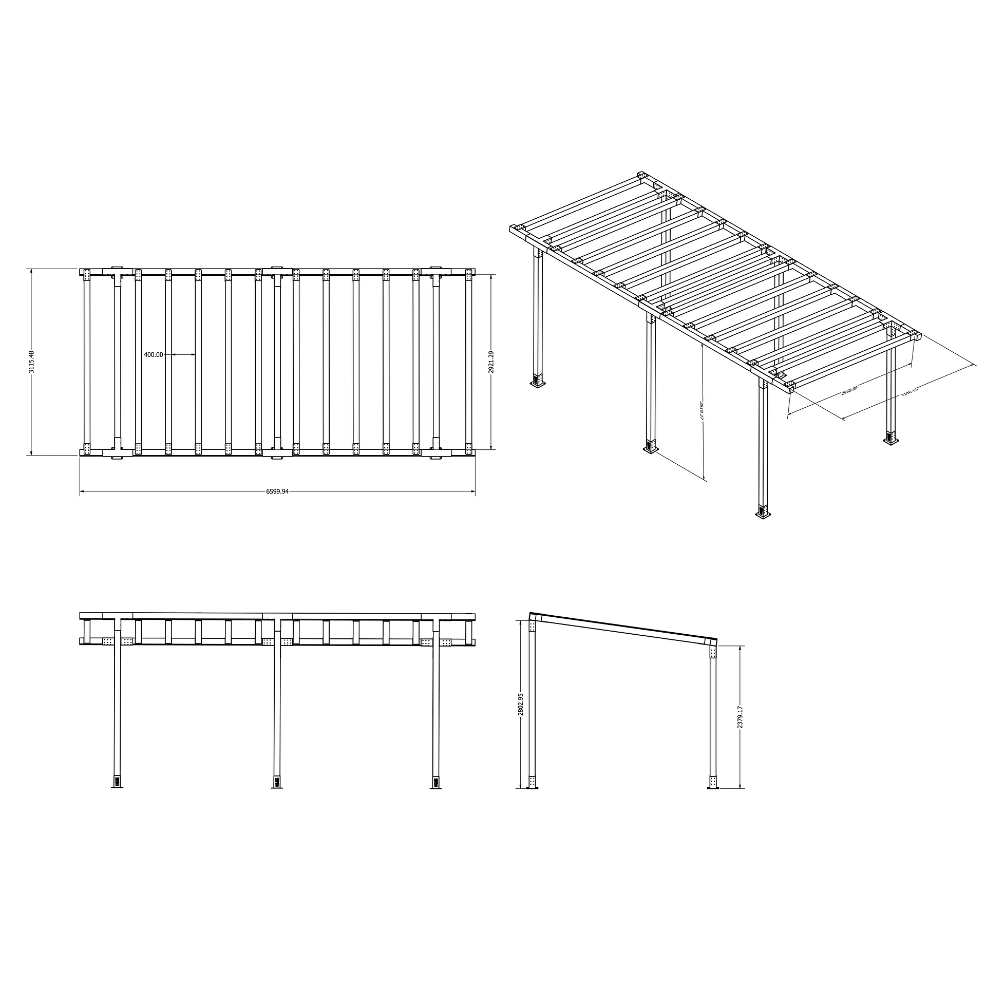 Technical drawing of a metal bed frame with dimensions on a white background