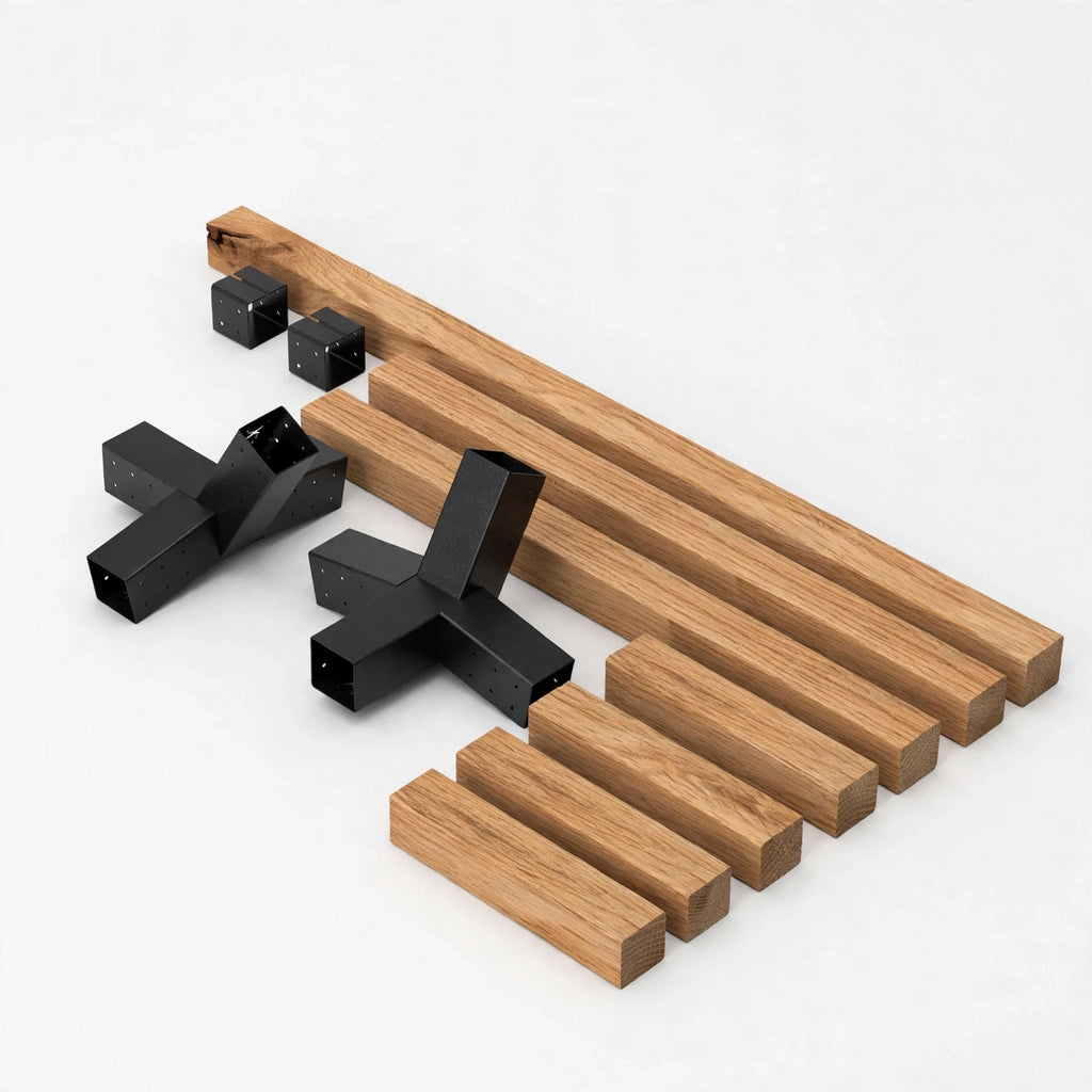 Wooden rectangular bars and black cross-shaped hardware pieces arranged on a clean white background.