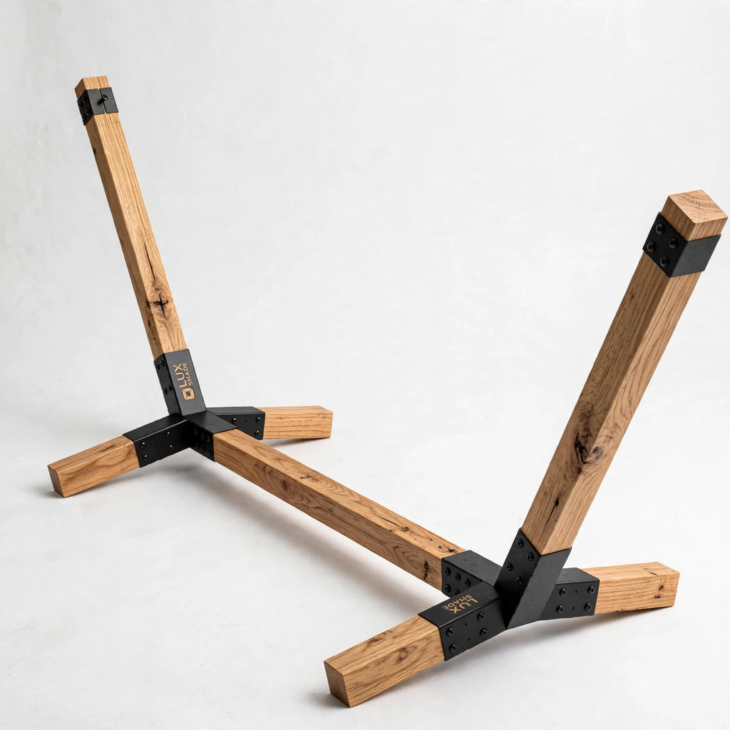 A wooden display stand with a natural oak finish and black metal hardware accents, photographed on a clean white studio background.