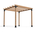 A modern wooden pergola structure with a natural wood slat roof and black metal corner brackets and base caps, shown on a solid white background.