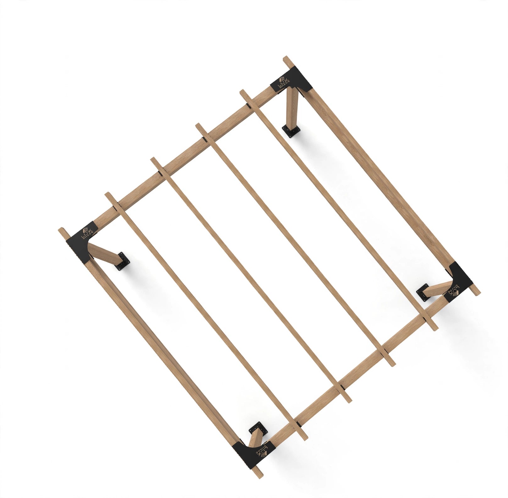 A wooden garden frame with five horizontal slats and black metal corner brackets, shown from an elevated angle on a white background.