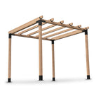 A wooden pergola structure with a natural light wood finish and black metal connectors, shown on a clean white background.