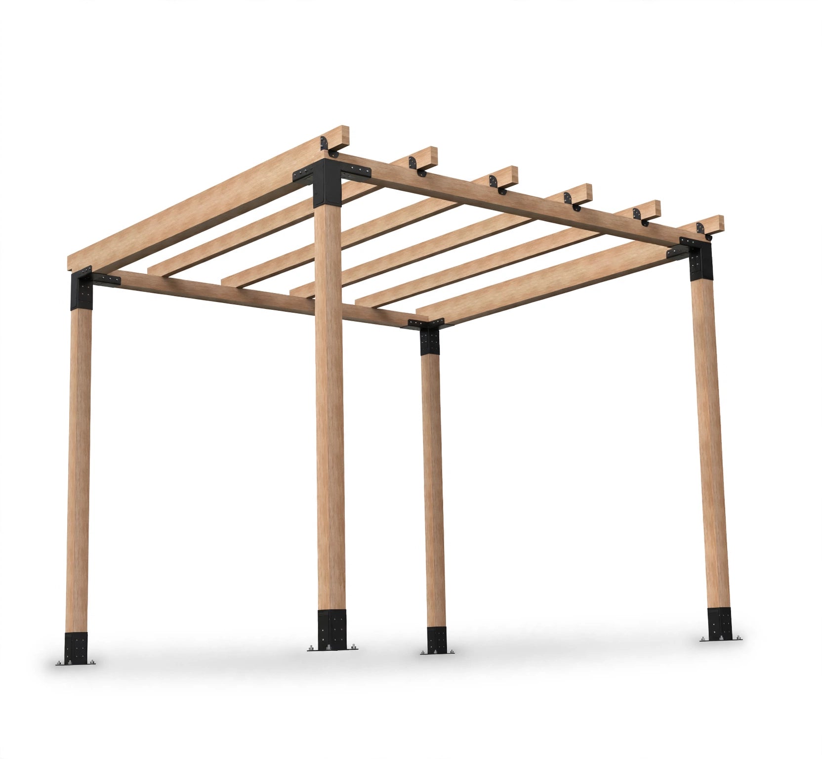 A wooden pergola structure with a natural light wood finish and black metal connectors, shown on a clean white background.