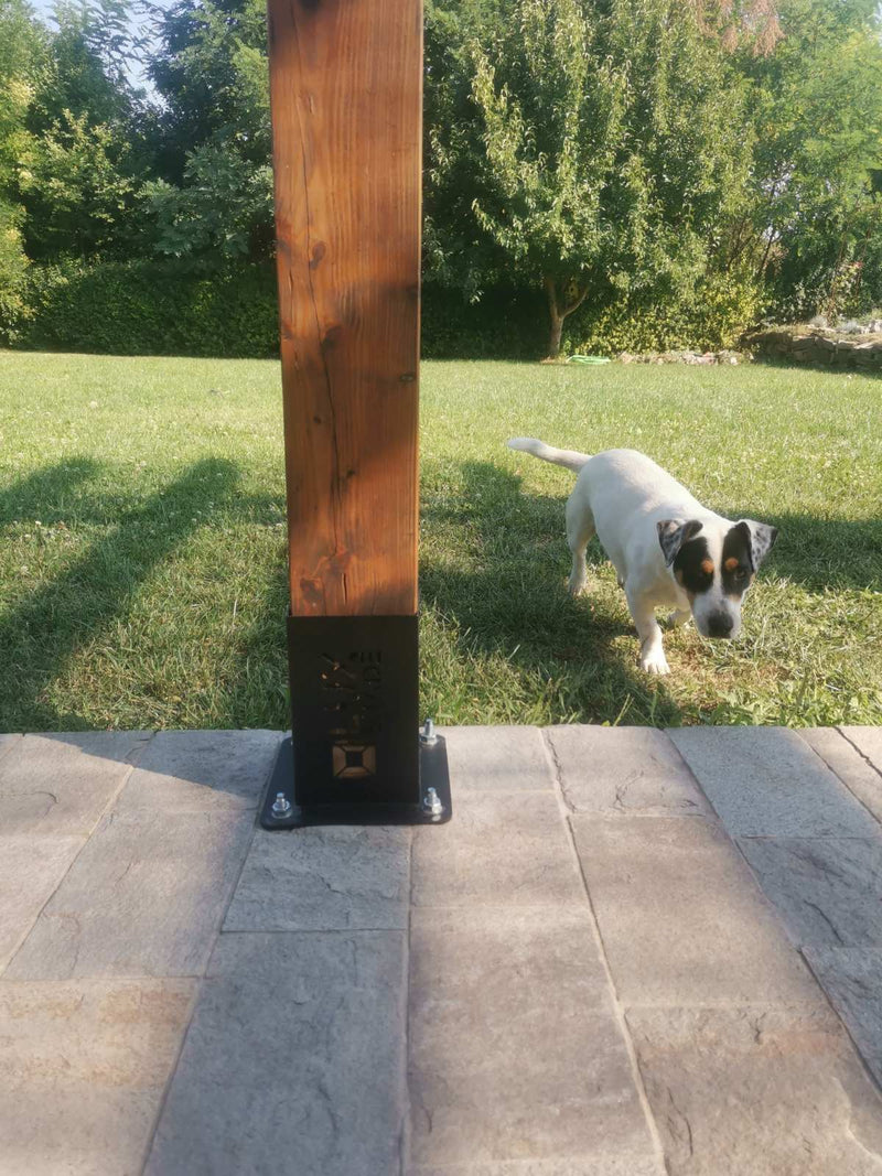 Dog standing on grass near a wooden post with a black base